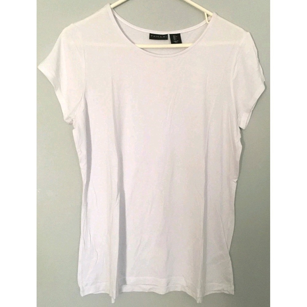 Tahari Shirt Womens L White Modal Stretch Short Sleeve Tee Scoop Neck EUC